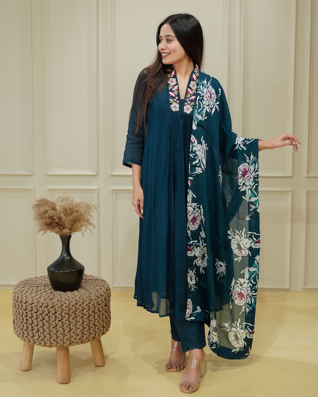 Teal Blue Chinnon Flared Embroidered Suit Set with Floral Dupatta