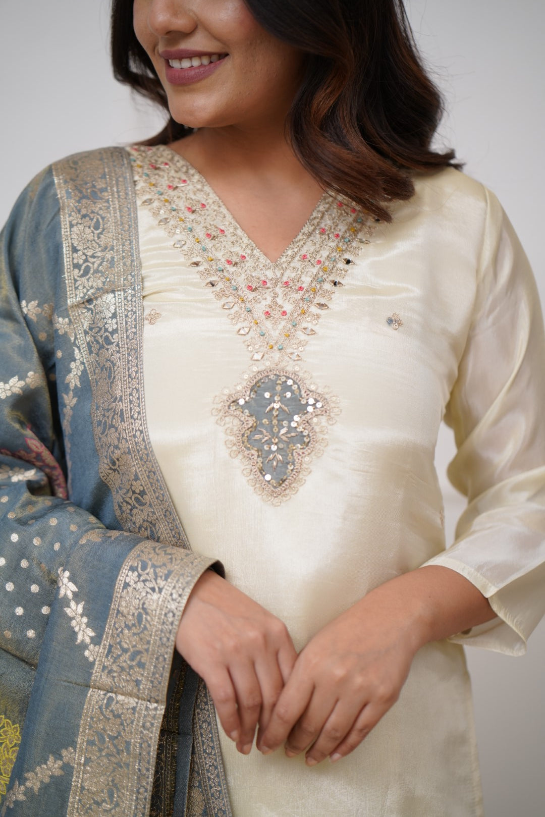 Elegant Ivory Viscose Chanderi Embroidered Suit Set with Designer Jacquard Dupatta