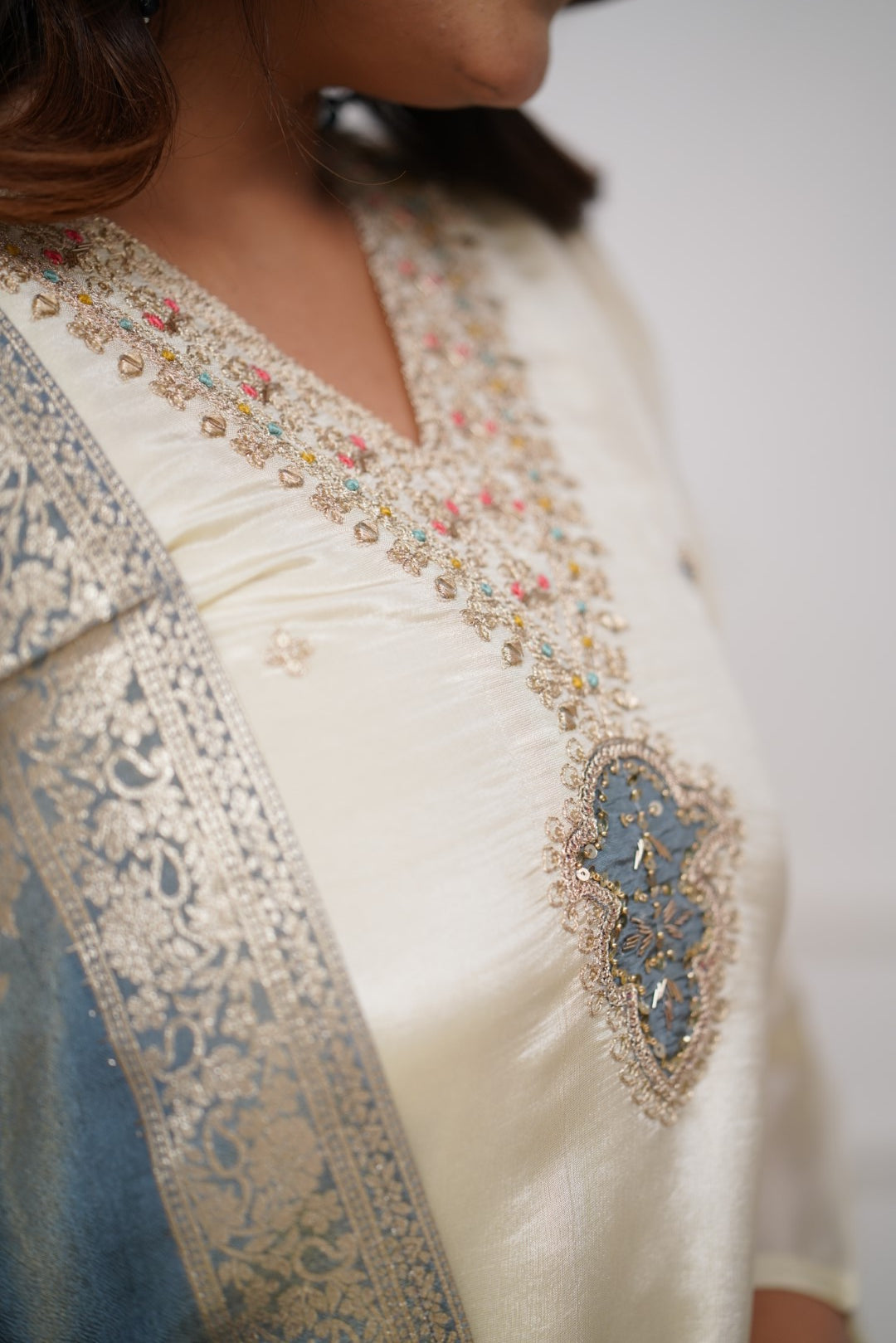Elegant Ivory Viscose Chanderi Embroidered Suit Set with Designer Jacquard Dupatta