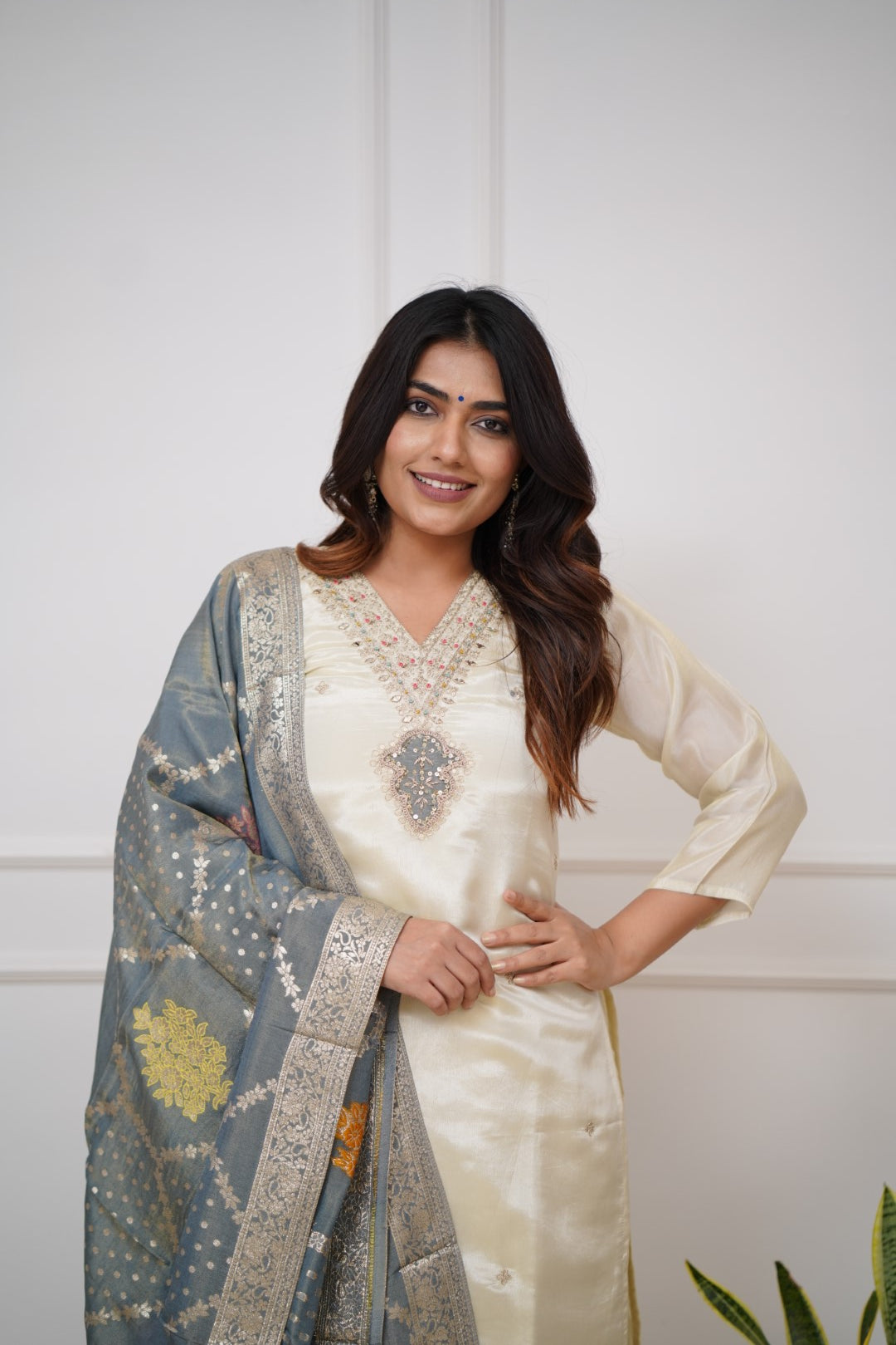 Elegant Ivory Viscose Chanderi Embroidered Suit Set with Designer Jacquard Dupatta