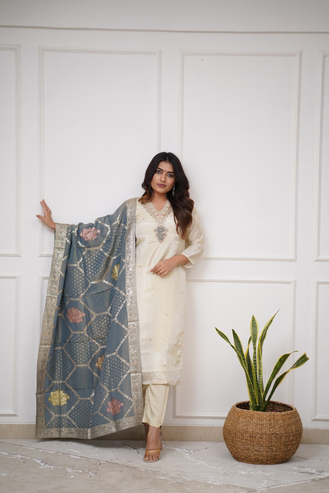 Elegant Ivory Viscose Chanderi Embroidered Suit Set with Designer Jacquard Dupatta