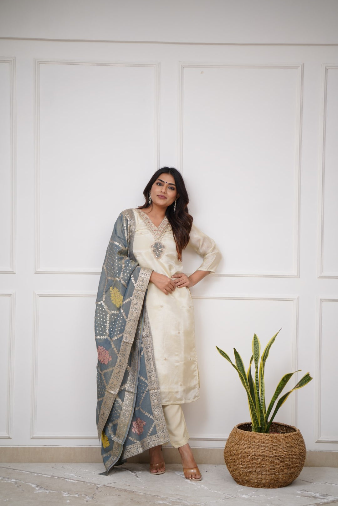 Elegant Ivory Viscose Chanderi Embroidered Suit Set with Designer Jacquard Dupatta