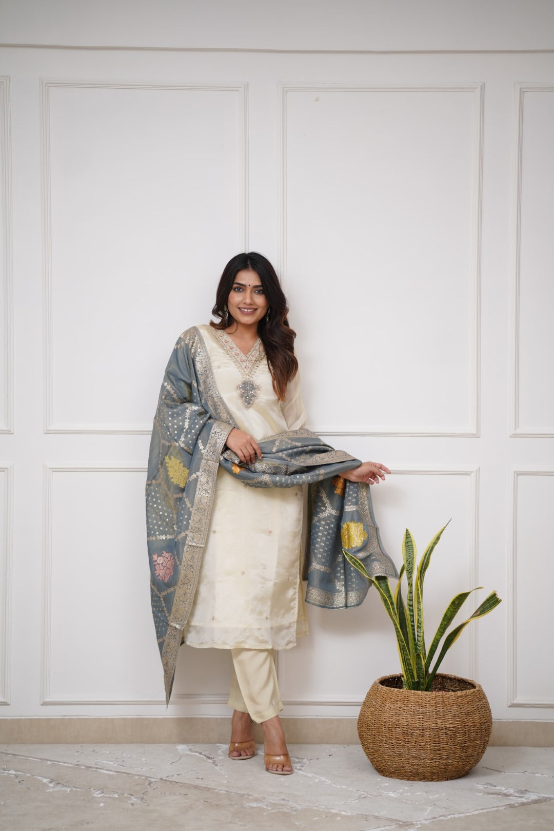 Elegant Ivory Viscose Chanderi Embroidered Suit Set with Designer Jacquard Dupatta