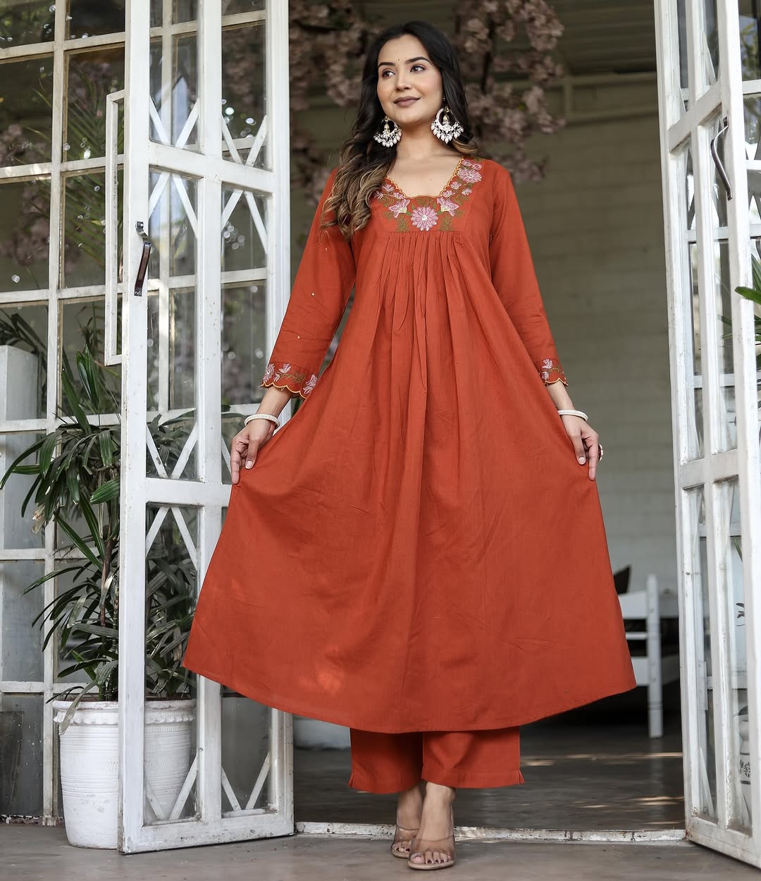 Soft Rayon Slub Anarkali Kurti Set with Embroidered Dupatta – Elegant Ethnic Wear