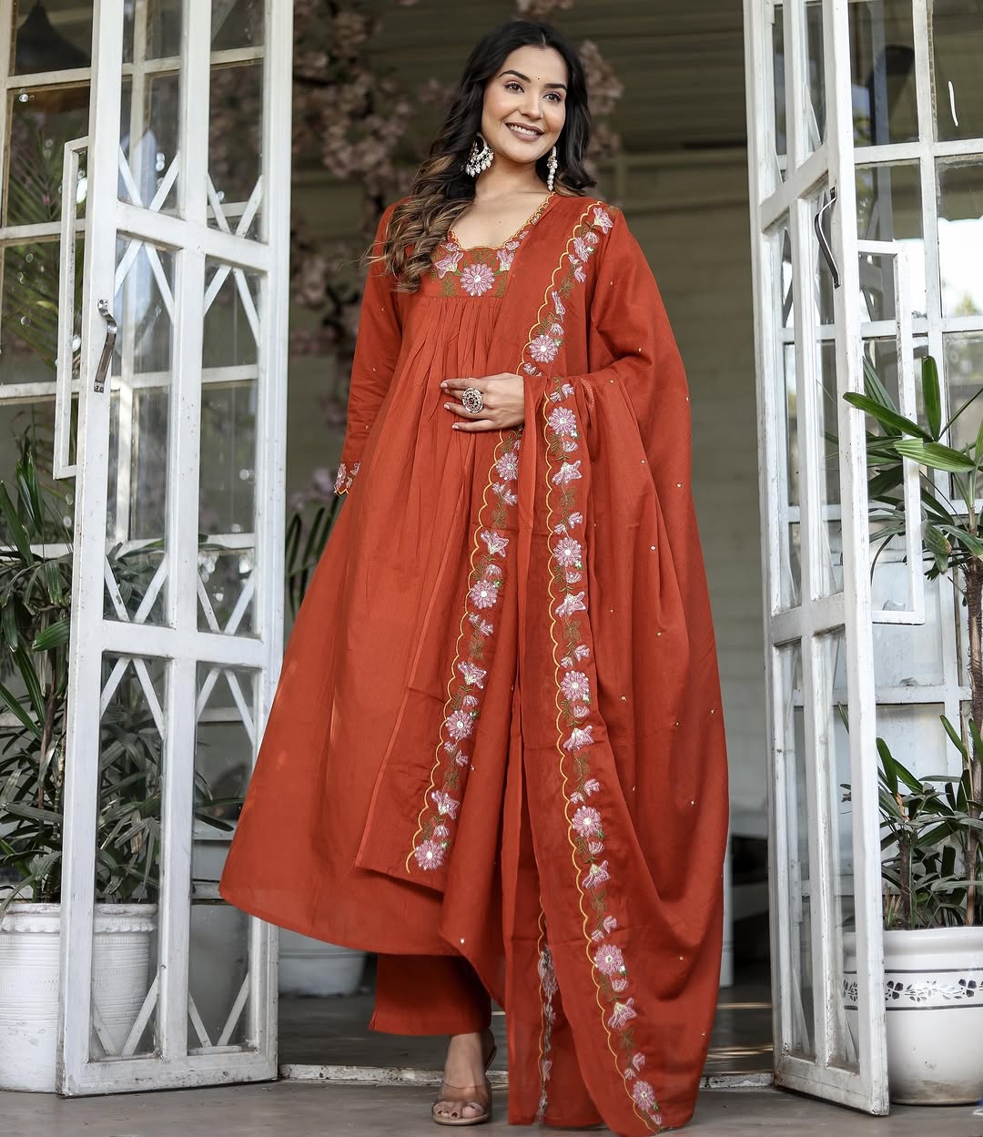 Soft Rayon Slub Anarkali Kurti Set with Embroidered Dupatta – Elegant Ethnic Wear