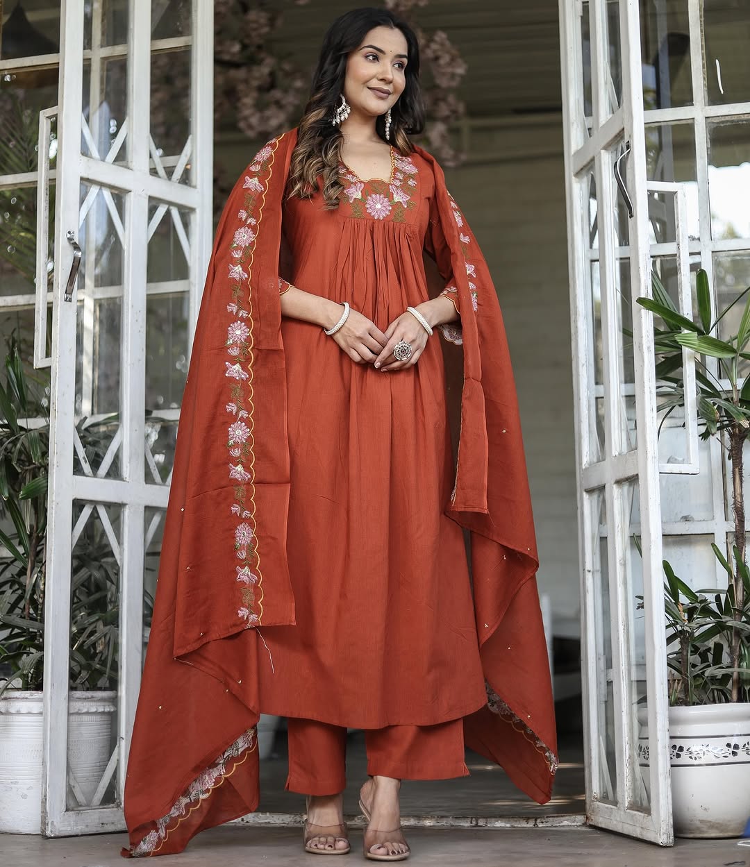 Soft Rayon Slub Anarkali Kurti Set with Embroidered Dupatta – Elegant Ethnic Wear