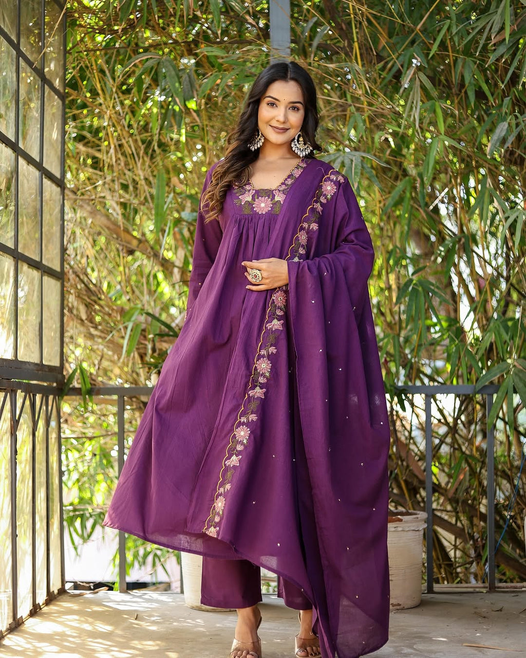 Purple Soft Rayon Slub Anarkali Kurti Set with Embroidered Dupatta – Elegant Ethnic Wear