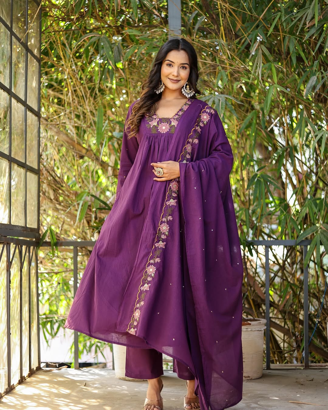 Purple Soft Rayon Slub Anarkali Kurti Set with Embroidered Dupatta – Elegant Ethnic Wear