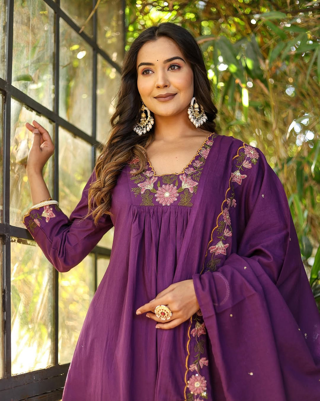 Purple Soft Rayon Slub Anarkali Kurti Set with Embroidered Dupatta – Elegant Ethnic Wear