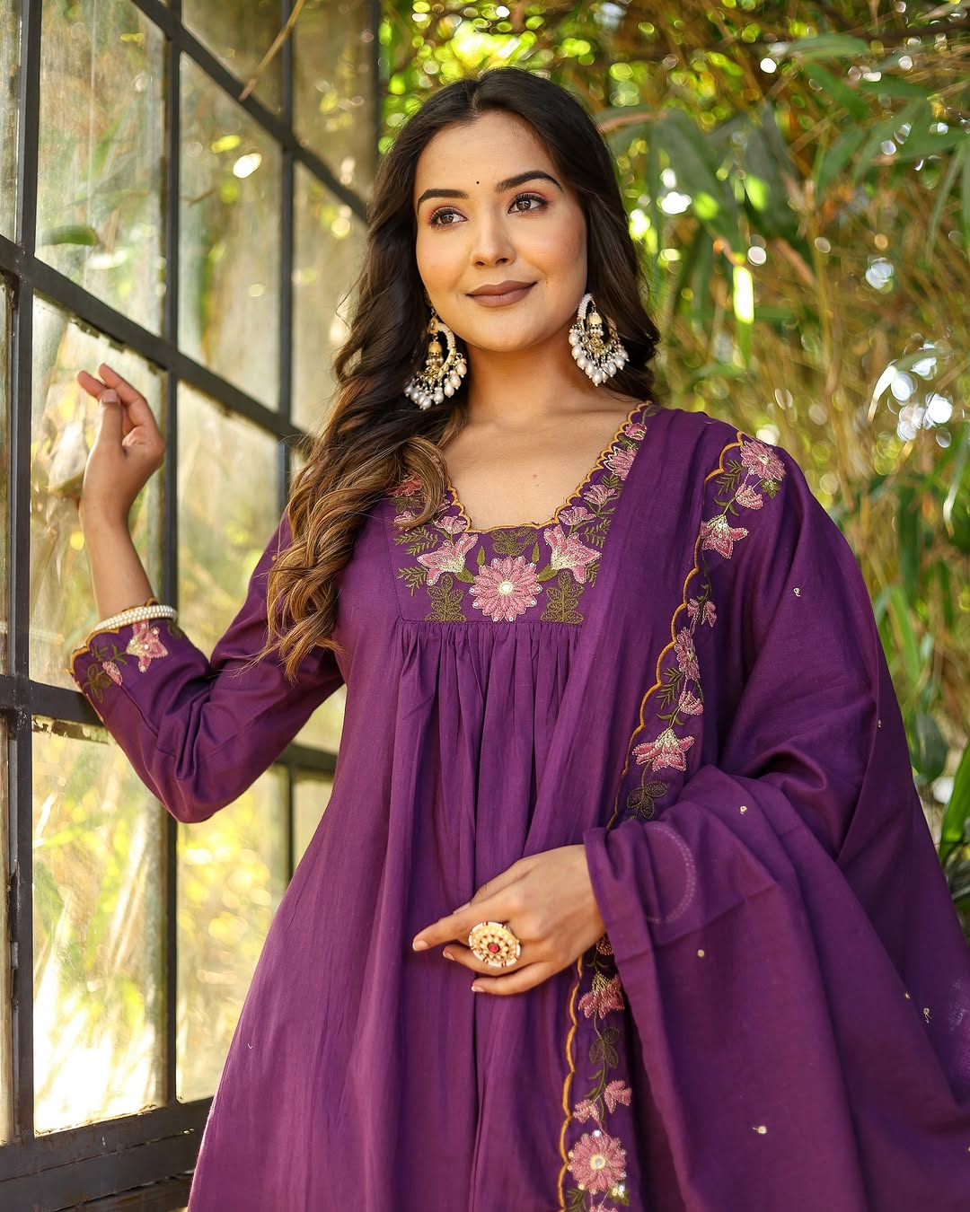 Purple Soft Rayon Slub Anarkali Kurti Set with Embroidered Dupatta – Elegant Ethnic Wear