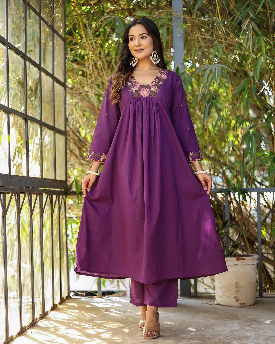 Purple Soft Rayon Slub Anarkali Kurti Set with Embroidered Dupatta – Elegant Ethnic Wear