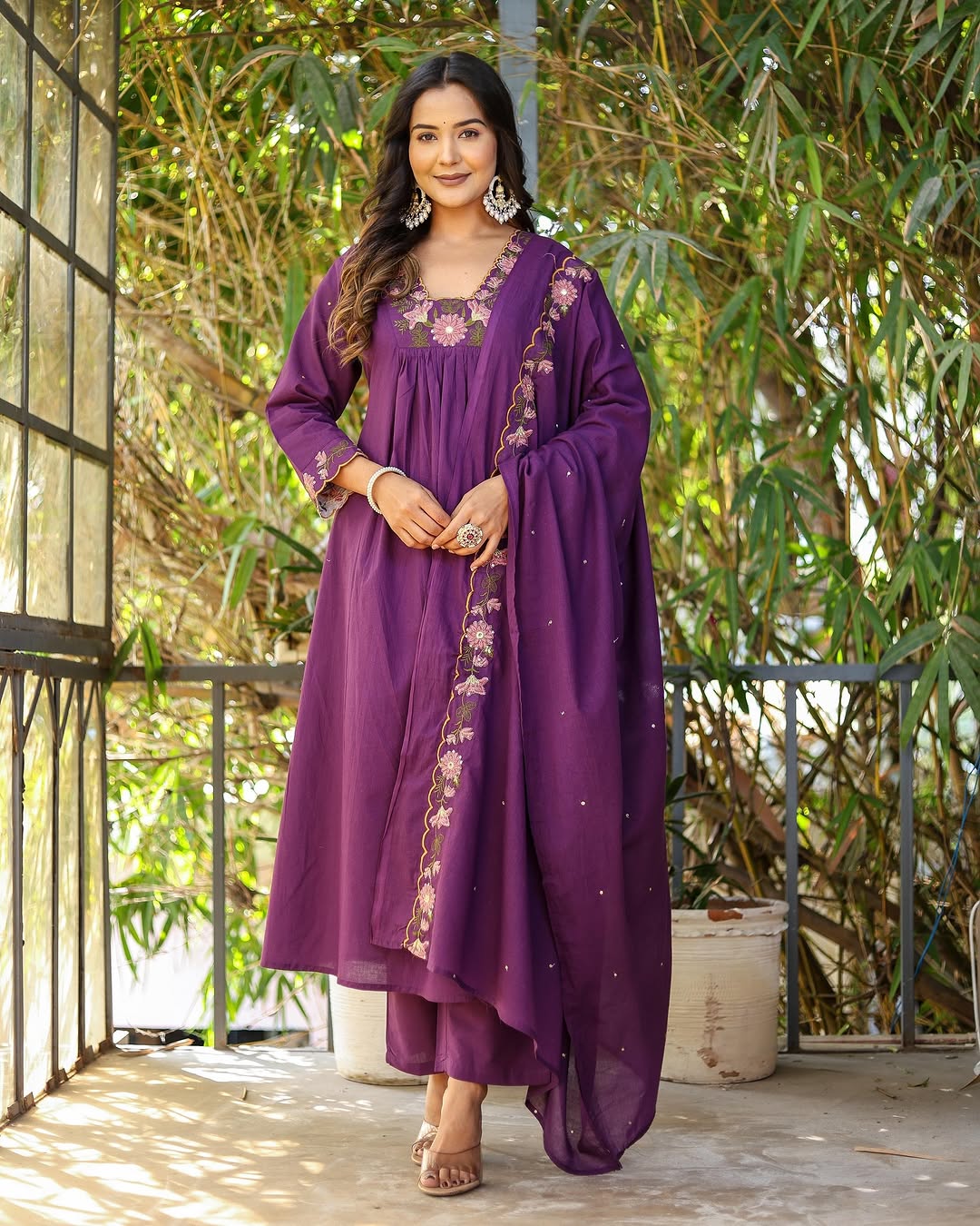 Purple Soft Rayon Slub Anarkali Kurti Set with Embroidered Dupatta – Elegant Ethnic Wear