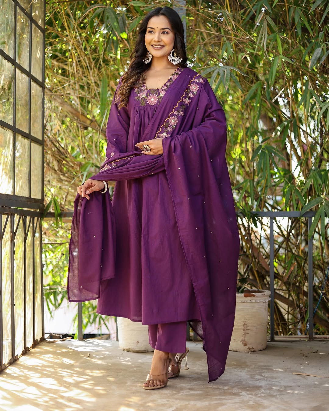 Purple Soft Rayon Slub Anarkali Kurti Set with Embroidered Dupatta – Elegant Ethnic Wear