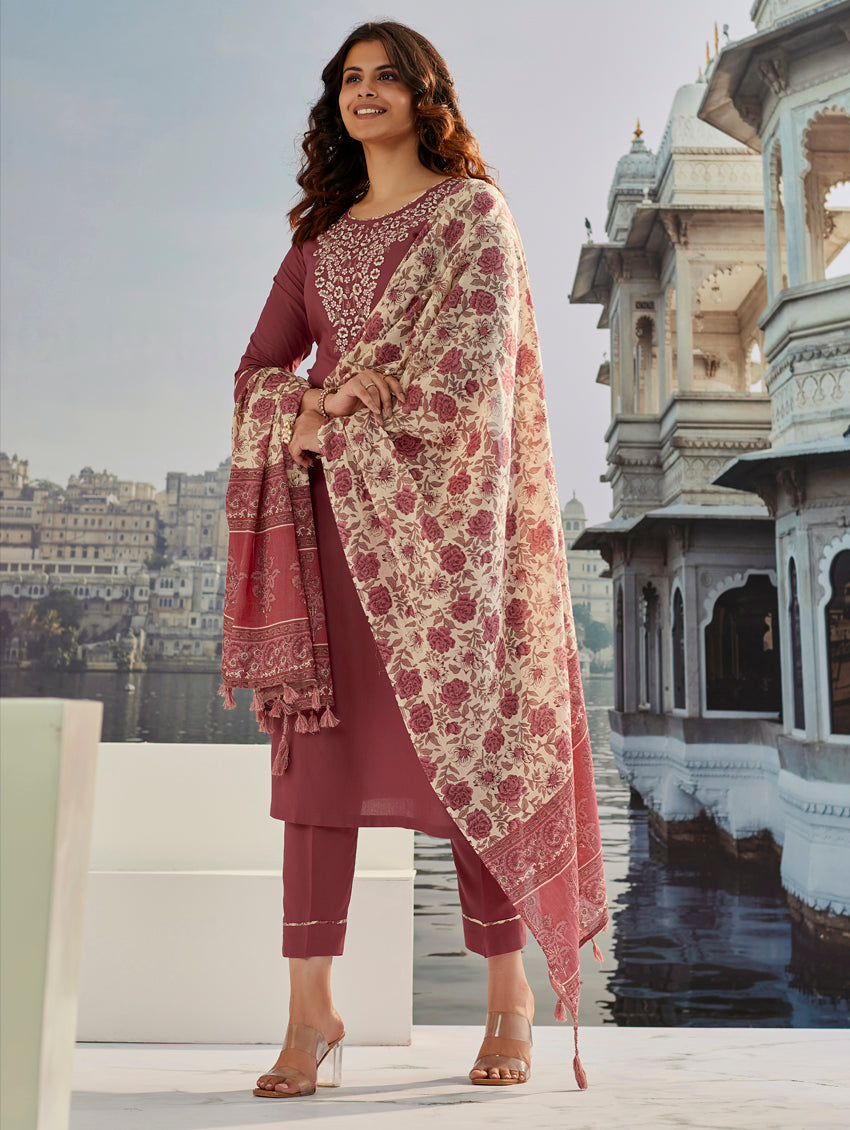 Elegant Mauve Cotton Silk Embroidered Suit Set with Printed Chanderi Dupatta