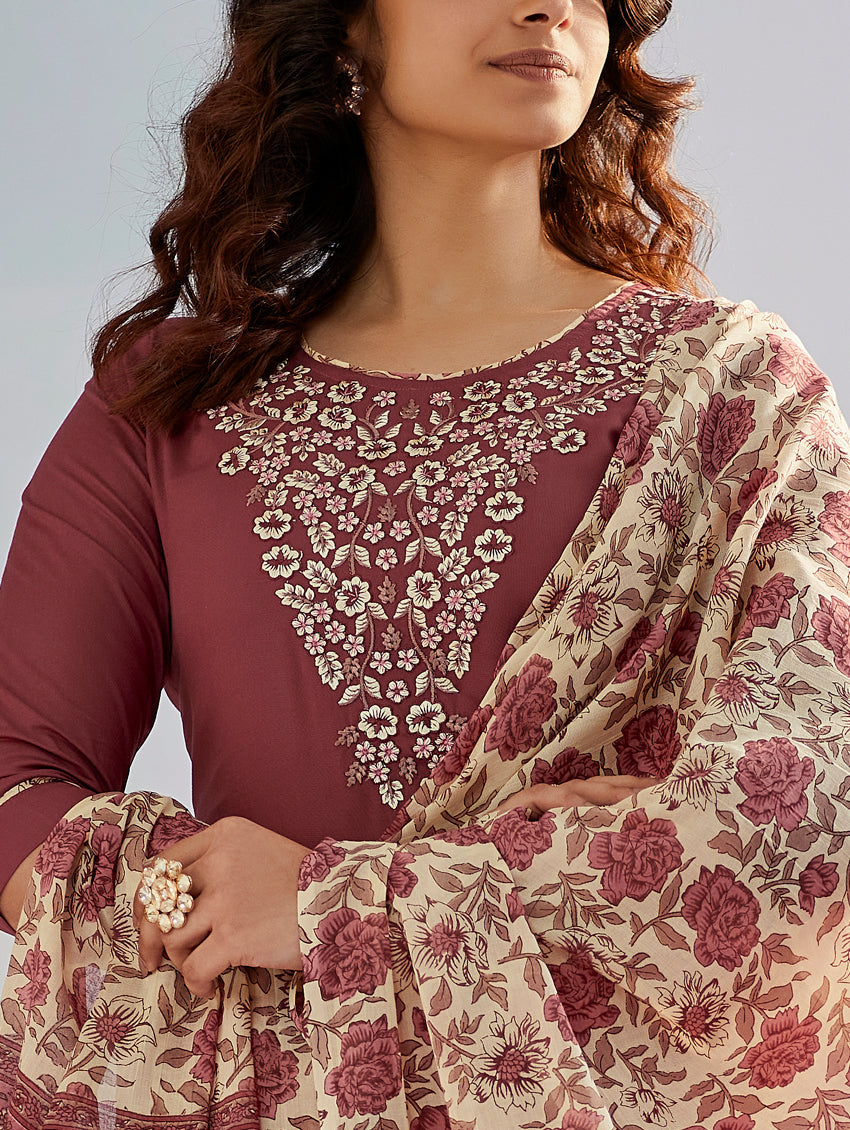Elegant Mauve Cotton Silk Embroidered Suit Set with Printed Chanderi Dupatta