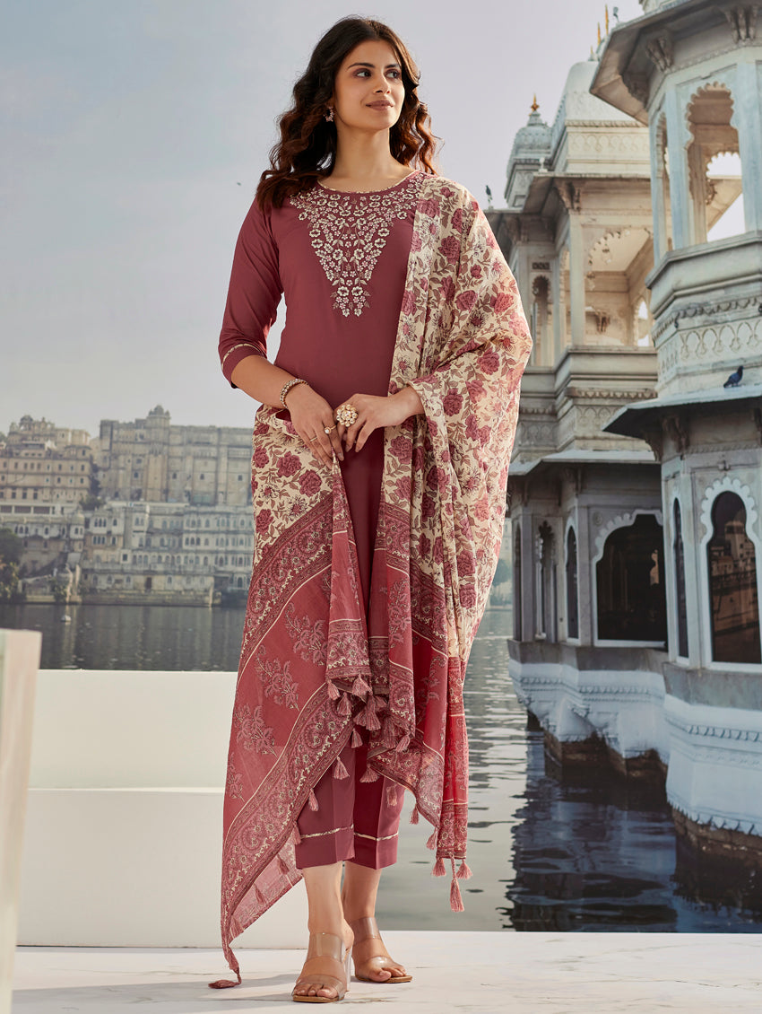 Elegant Mauve Cotton Silk Embroidered Suit Set with Printed Chanderi Dupatta