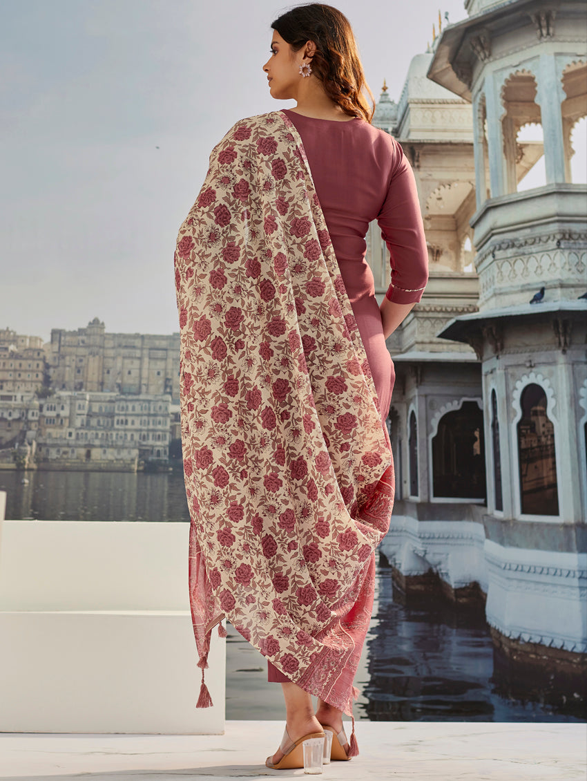 Elegant Mauve Cotton Silk Embroidered Suit Set with Printed Chanderi Dupatta