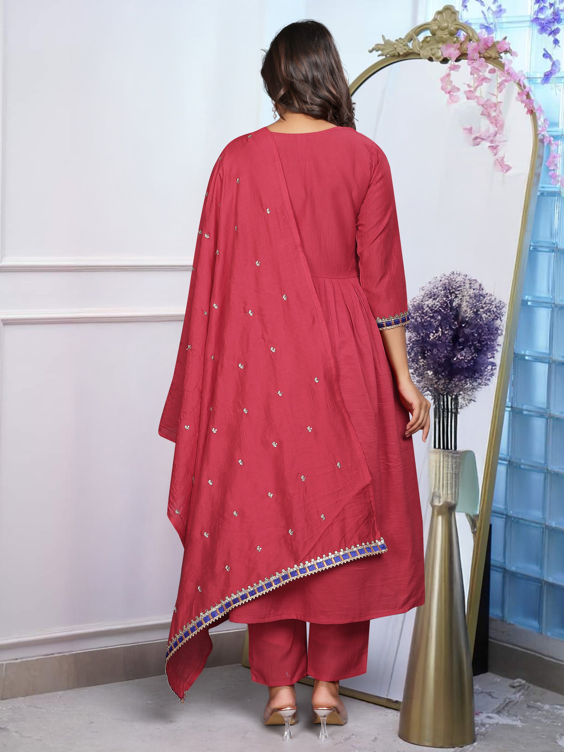 Elegant Fuchsia BSY Chinnon Embroidered Flared Gown Set with Dupatta