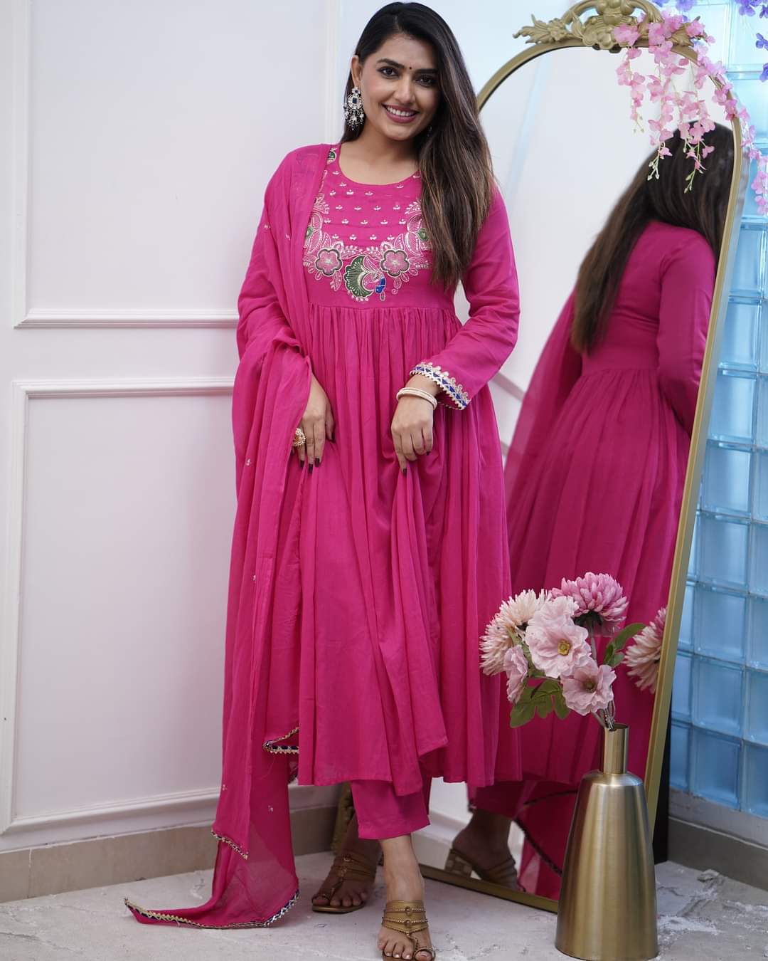 Elegant Fuchsia BSY Chinnon Embroidered Flared Gown Set with Dupatta