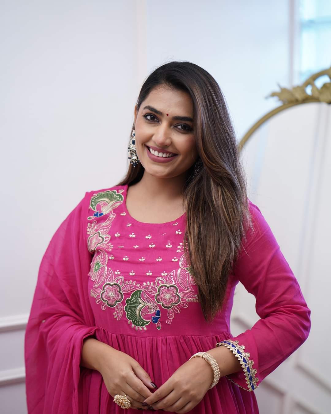 Elegant Fuchsia BSY Chinnon Embroidered Flared Gown Set with Dupatta