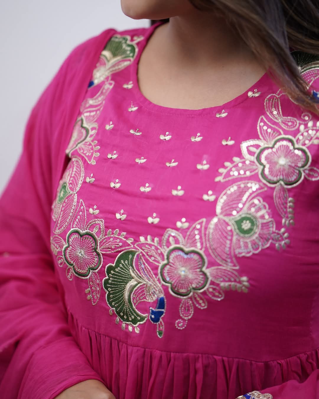 Elegant Fuchsia BSY Chinnon Embroidered Flared Gown Set with Dupatta