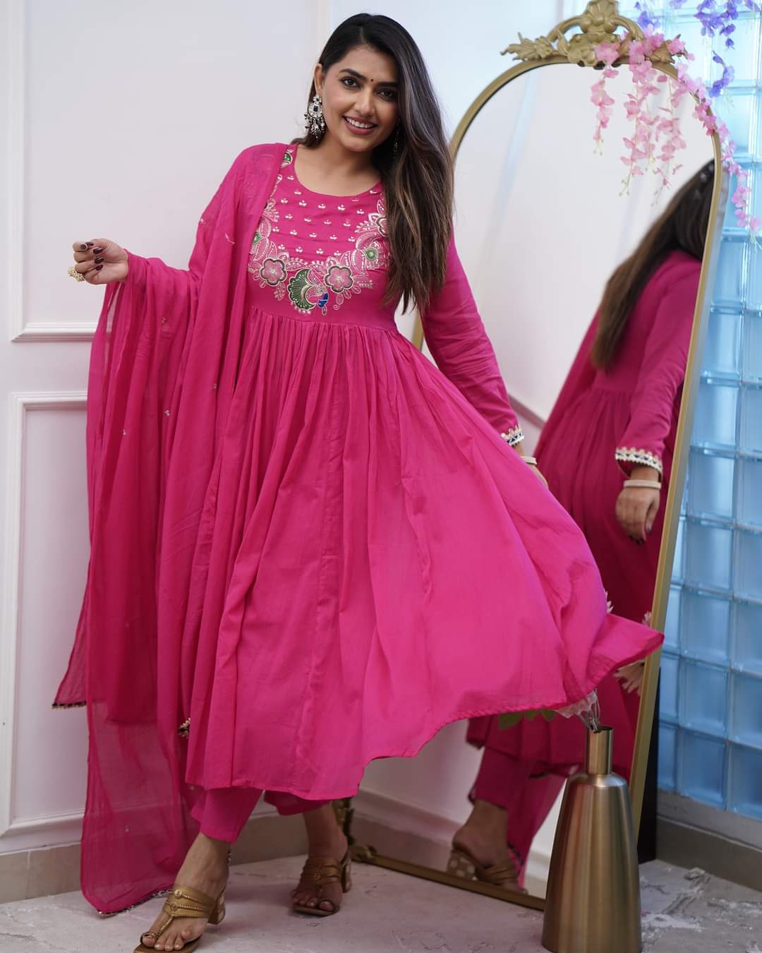 Elegant Fuchsia BSY Chinnon Embroidered Flared Gown Set with Dupatta