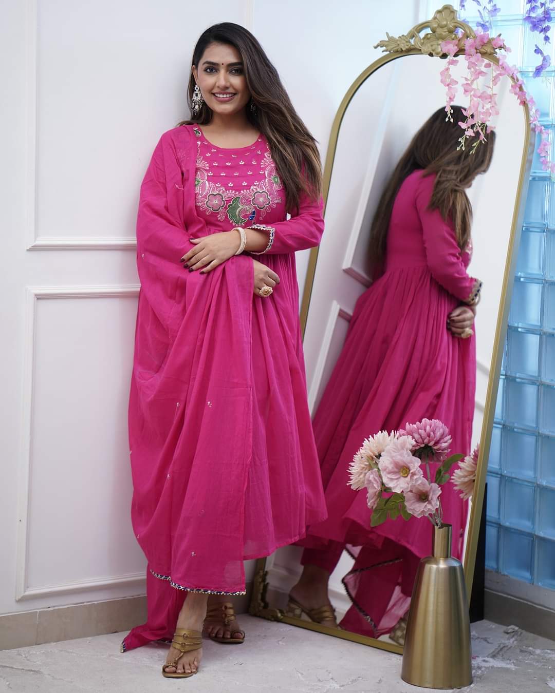 Elegant Fuchsia BSY Chinnon Embroidered Flared Gown Set with Dupatta