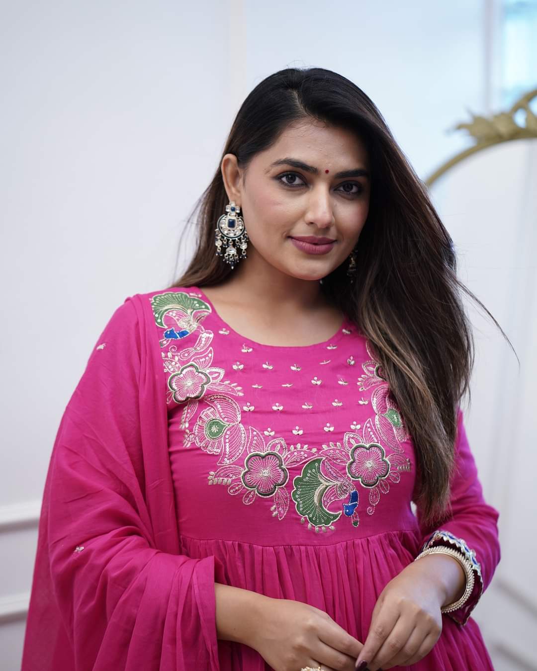 Elegant Fuchsia BSY Chinnon Embroidered Flared Gown Set with Dupatta
