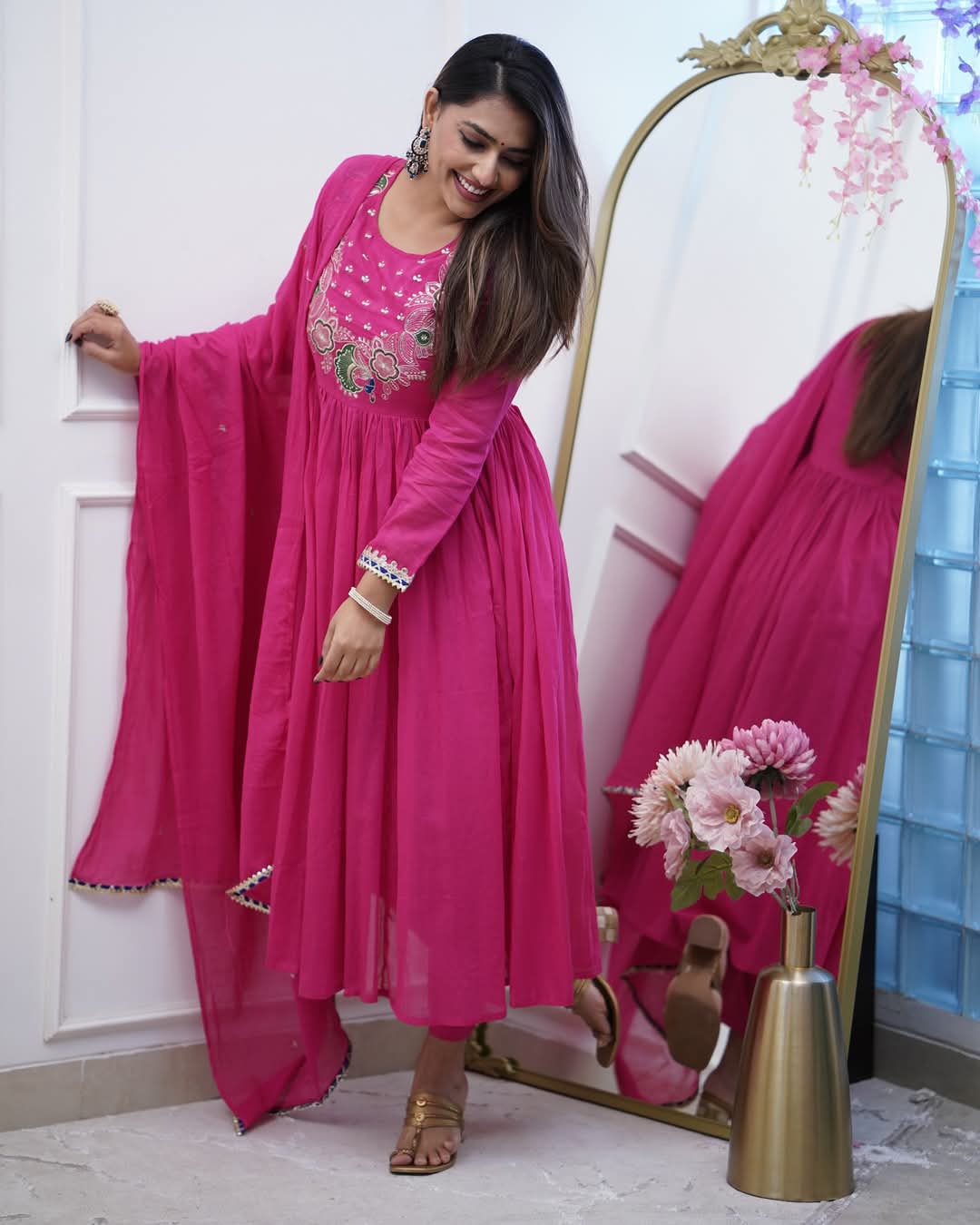 Elegant Fuchsia BSY Chinnon Embroidered Flared Gown Set with Dupatta