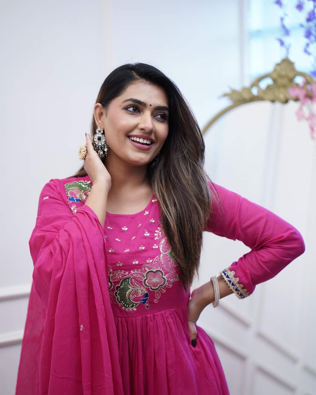Elegant Fuchsia BSY Chinnon Embroidered Flared Gown Set with Dupatta