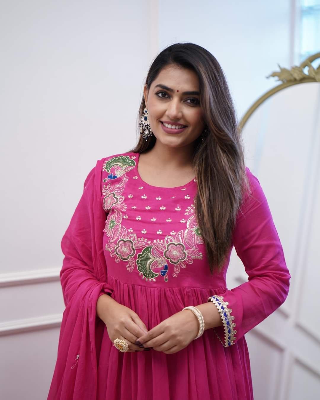 Elegant Fuchsia BSY Chinnon Embroidered Flared Gown Set with Dupatta
