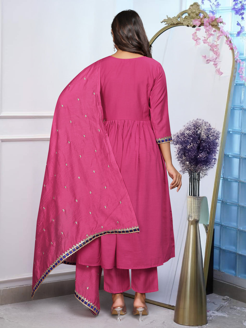 Elegant Fuchsia BSY Chinnon Embroidered Flared Gown Set with Dupatta