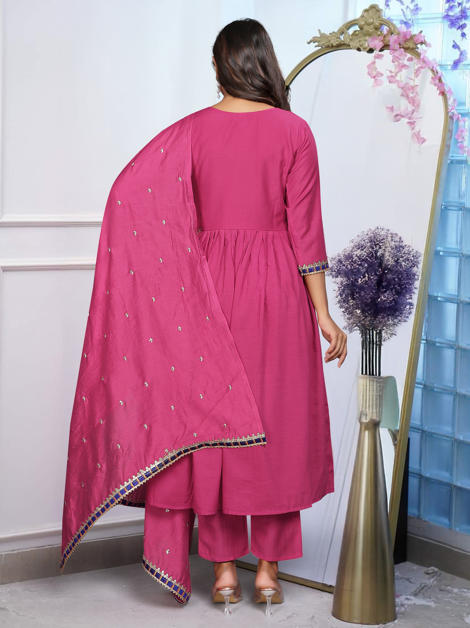 Elegant Fuchsia BSY Chinnon Embroidered Flared Gown Set with Dupatta
