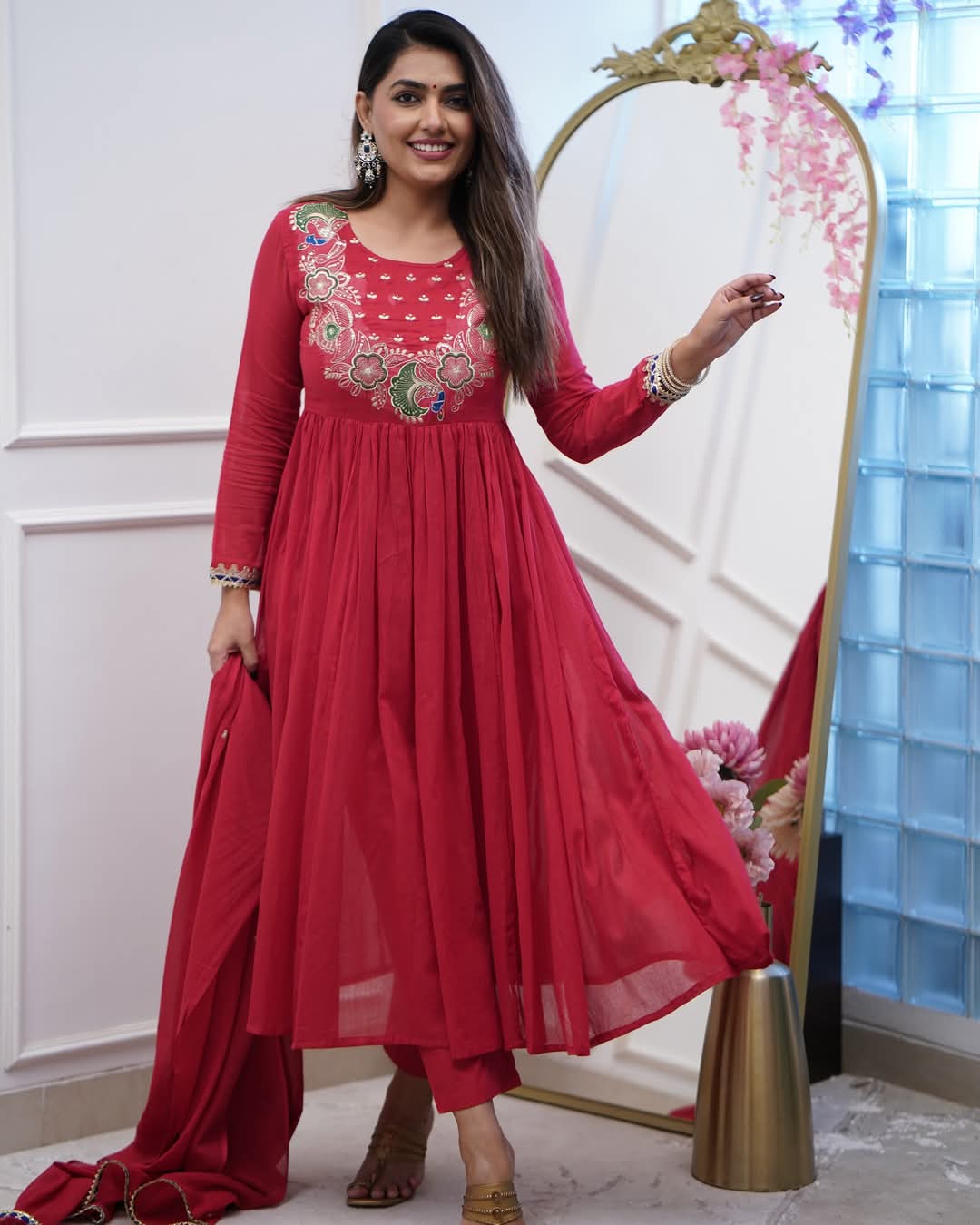 Elegant Fuchsia BSY Chinnon Embroidered Flared Gown Set with Dupatta