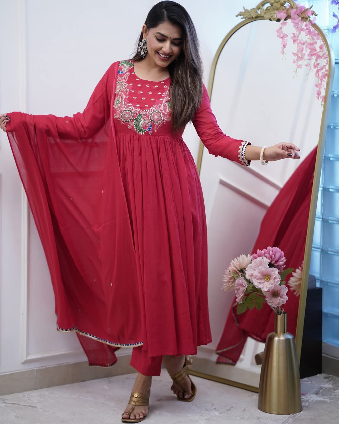Elegant Fuchsia BSY Chinnon Embroidered Flared Gown Set with Dupatta