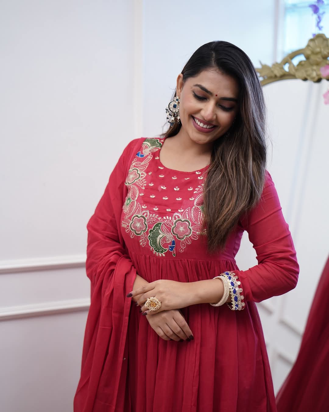 Elegant Fuchsia BSY Chinnon Embroidered Flared Gown Set with Dupatta