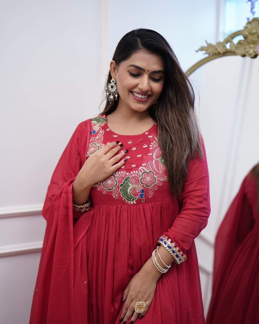Elegant Fuchsia BSY Chinnon Embroidered Flared Gown Set with Dupatta