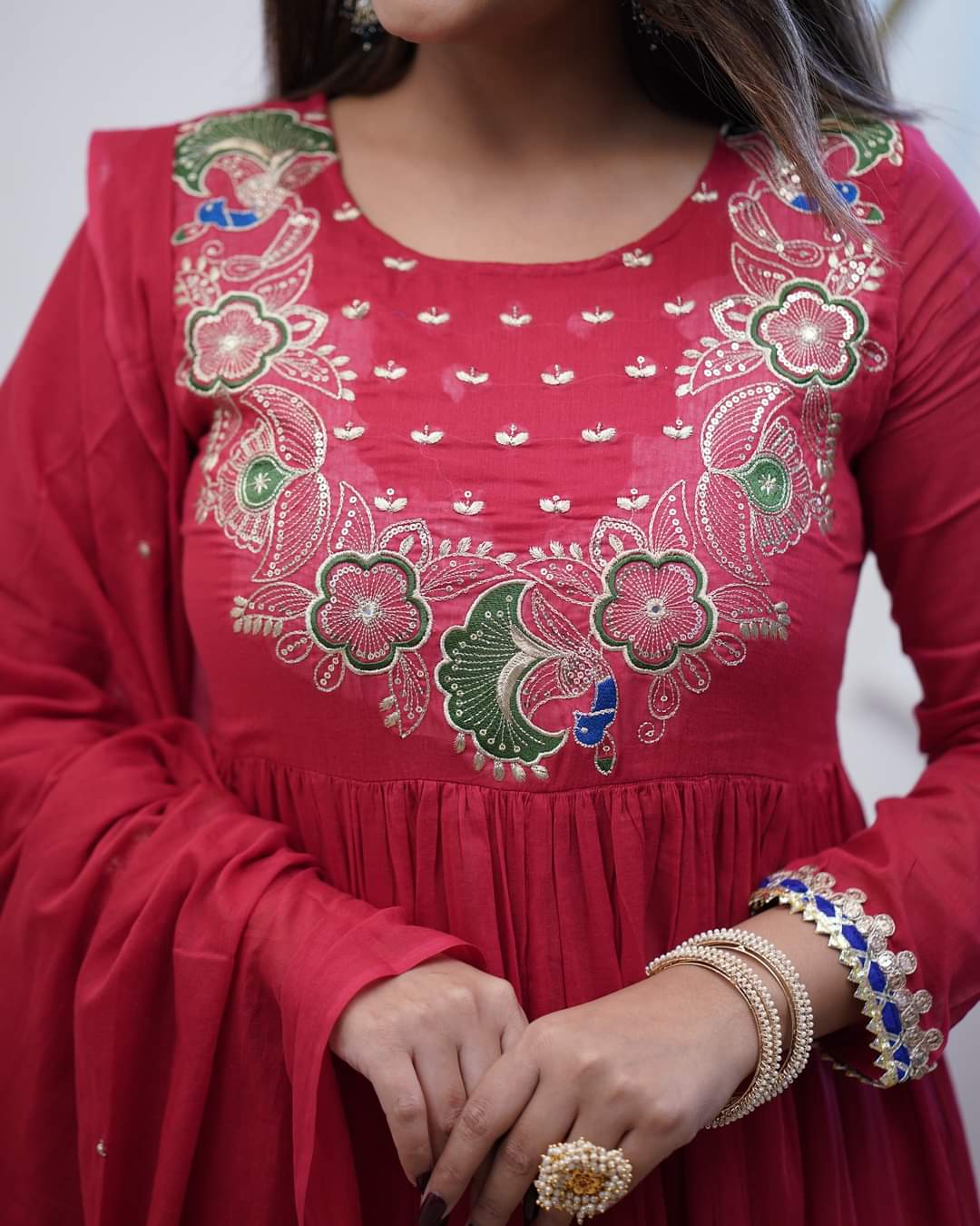 Elegant Fuchsia BSY Chinnon Embroidered Flared Gown Set with Dupatta