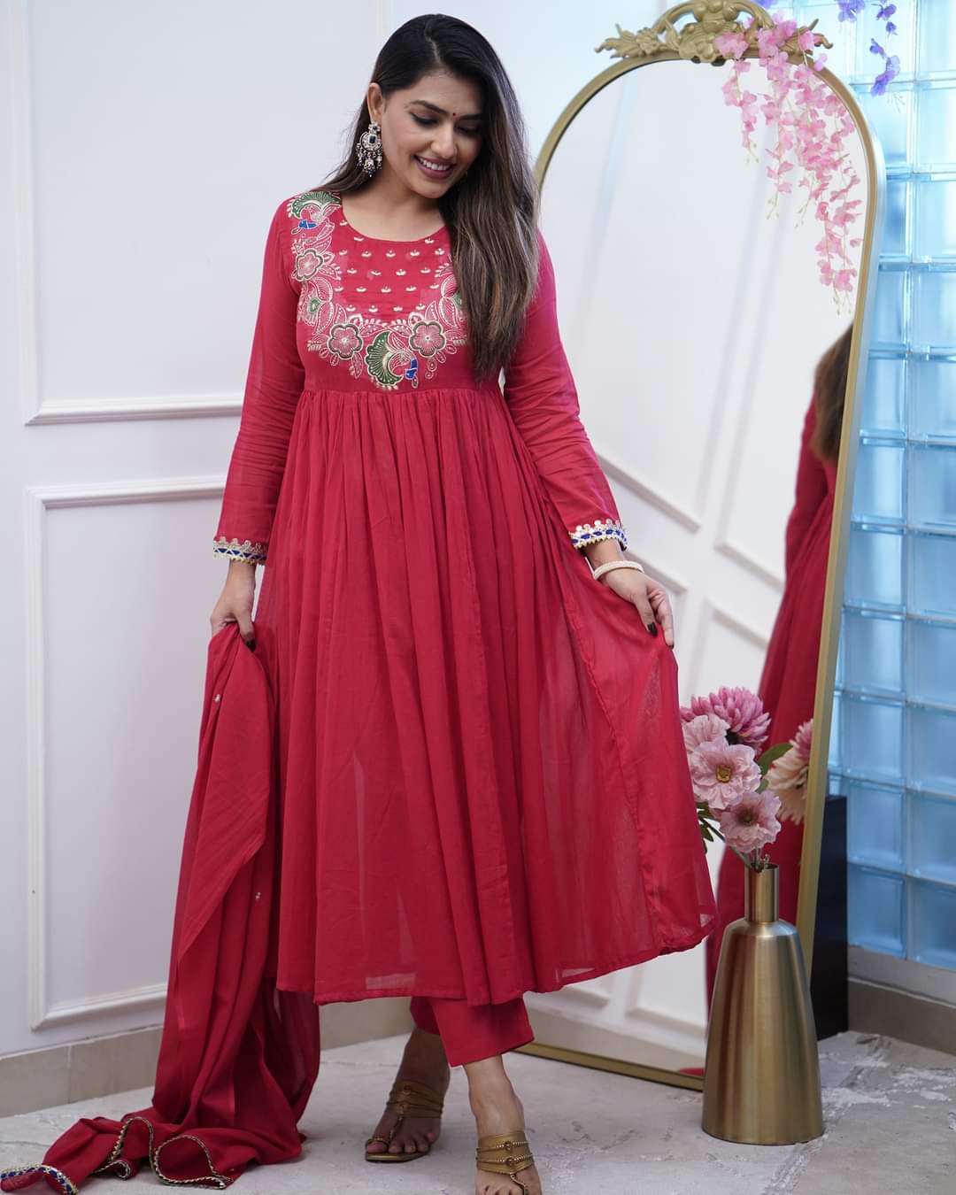 Elegant Fuchsia BSY Chinnon Embroidered Flared Gown Set with Dupatta