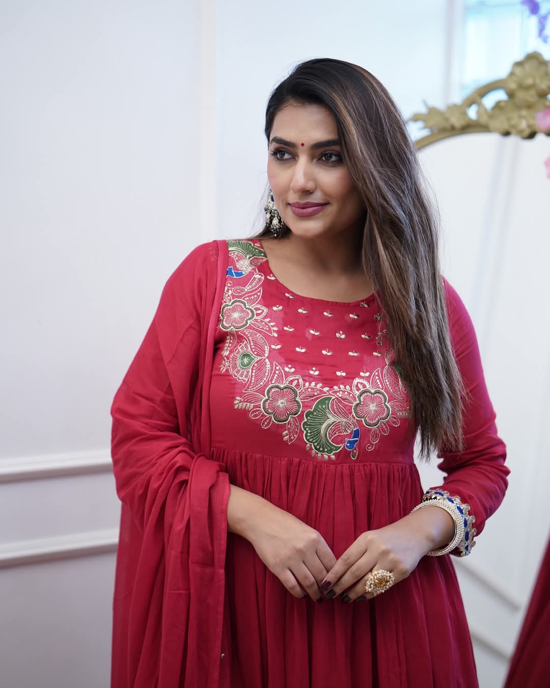 Elegant Fuchsia BSY Chinnon Embroidered Flared Gown Set with Dupatta