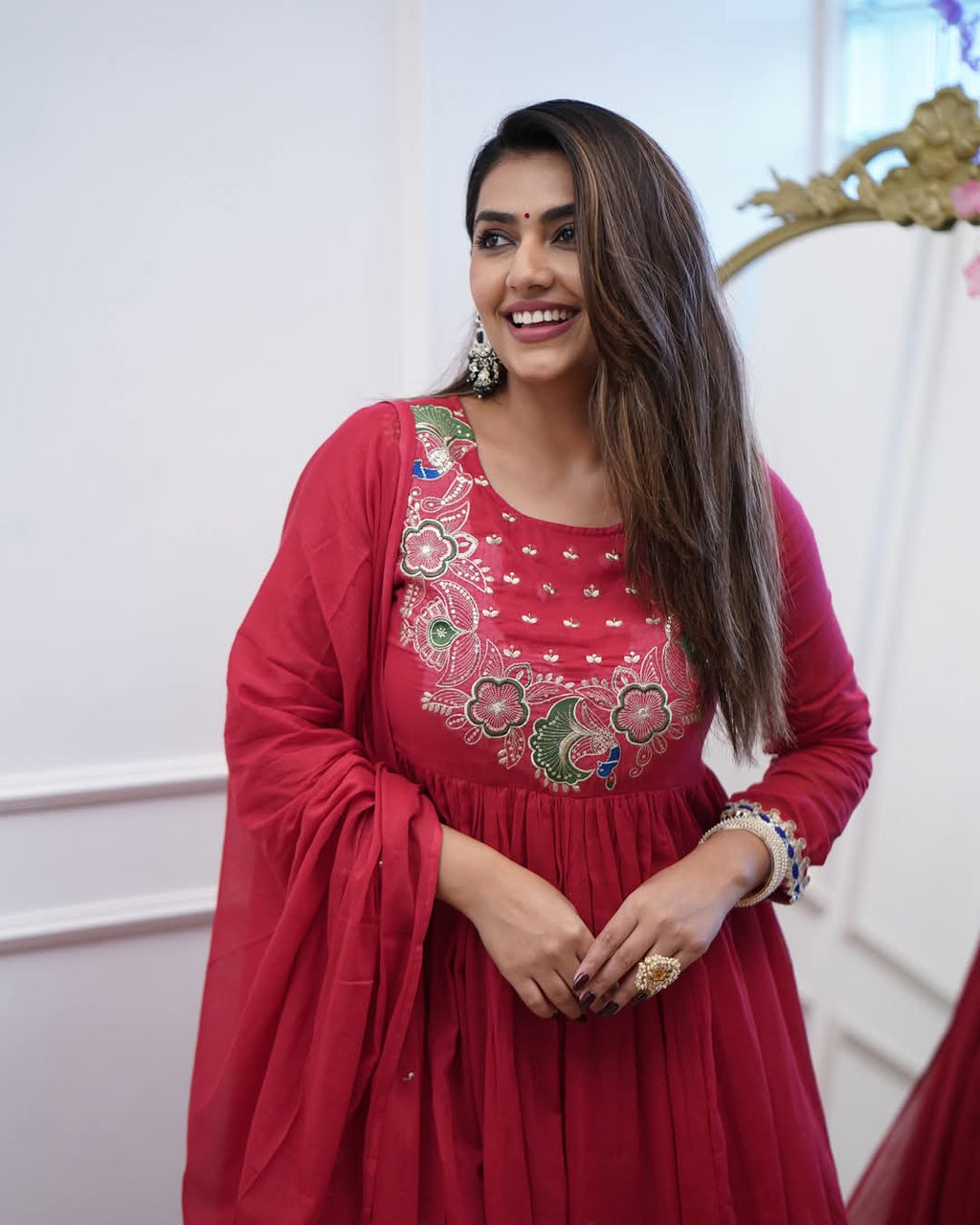 Elegant Fuchsia BSY Chinnon Embroidered Flared Gown Set with Dupatta