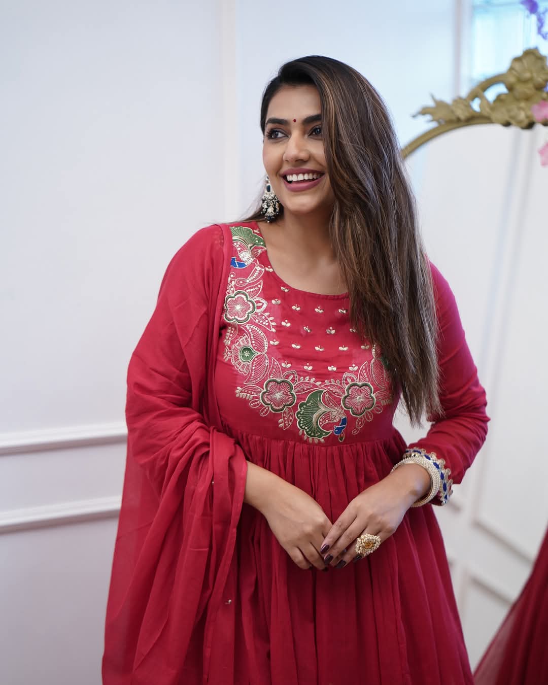 Elegant Fuchsia BSY Chinnon Embroidered Flared Gown Set with Dupatta