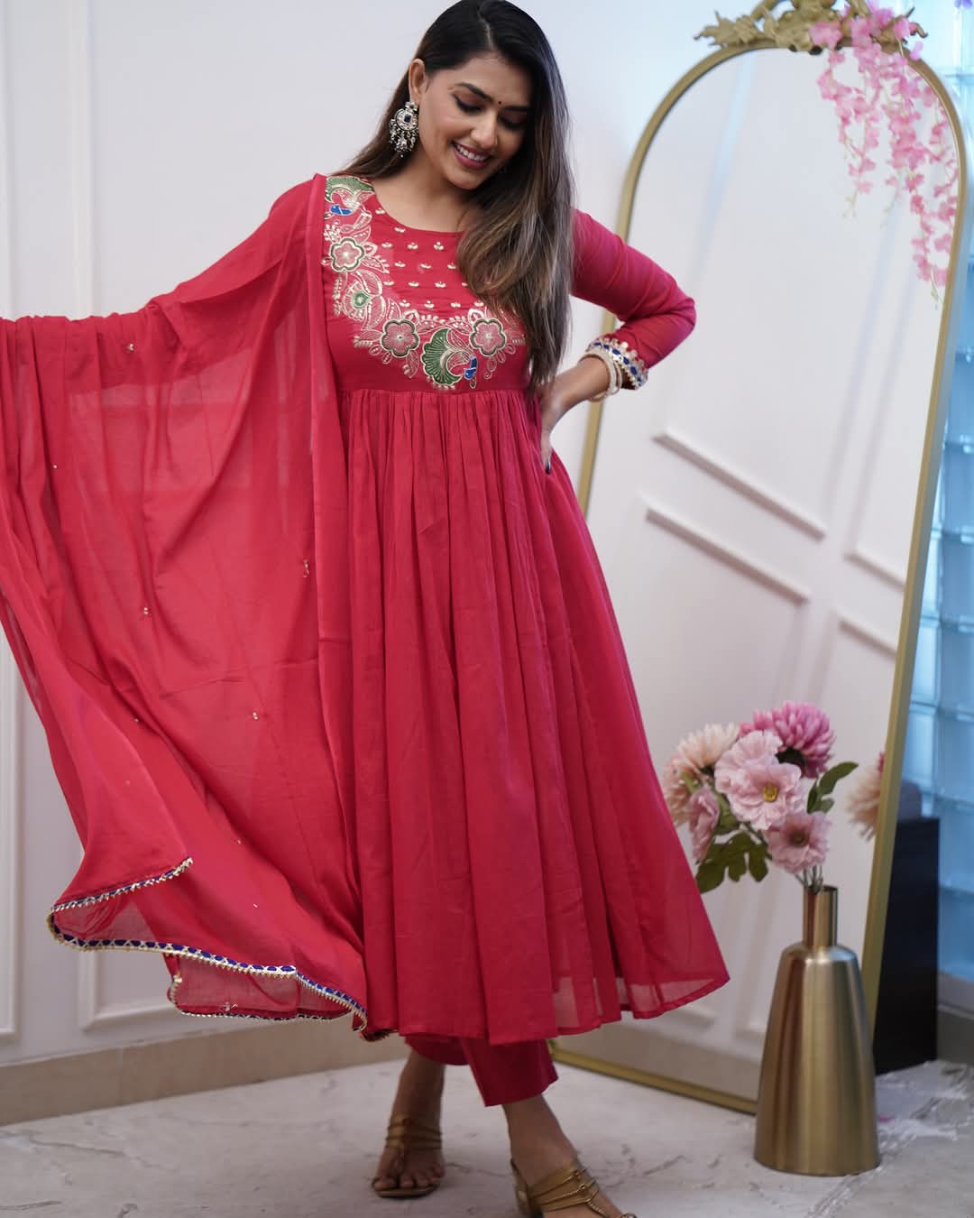 Elegant Fuchsia BSY Chinnon Embroidered Flared Gown Set with Dupatta