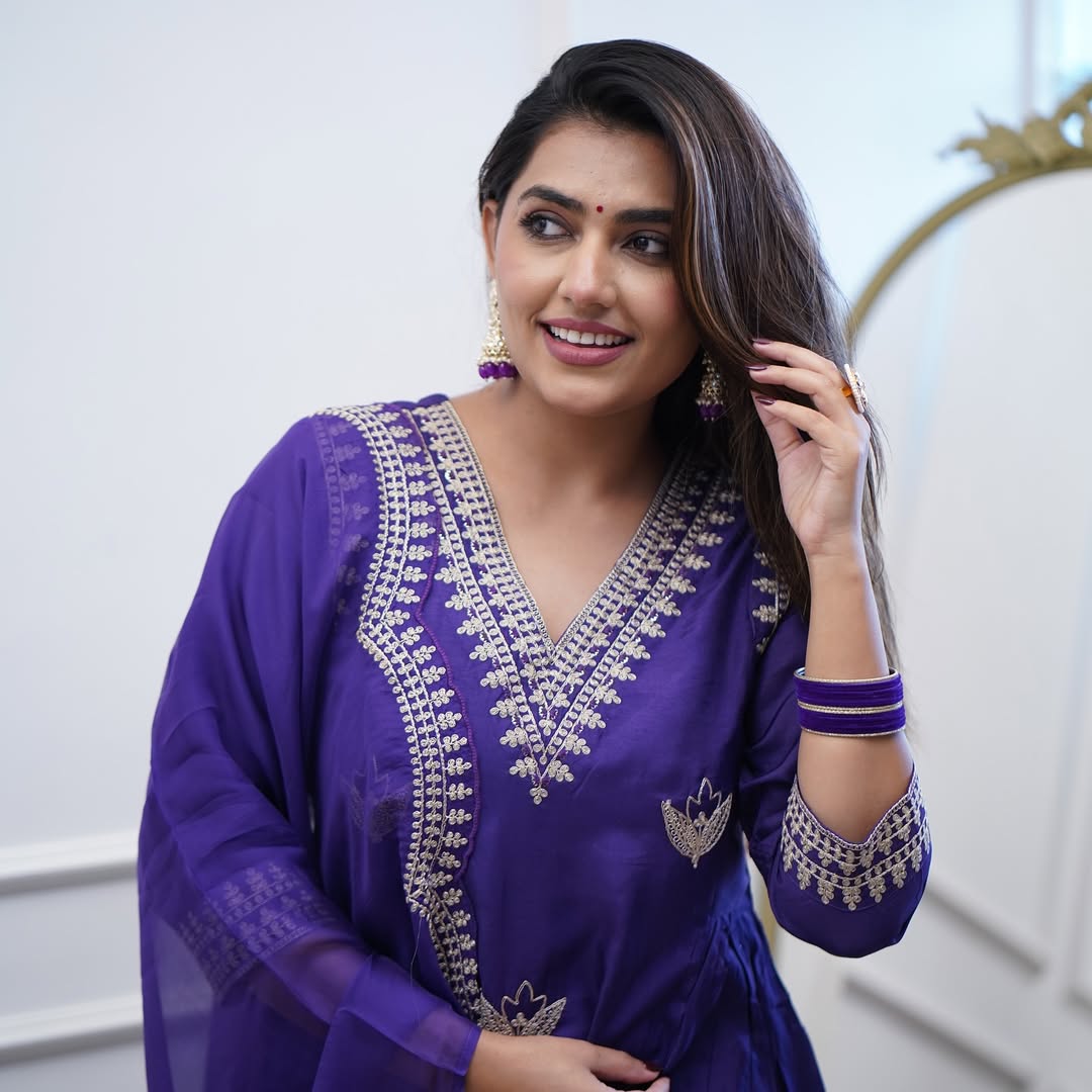 Royal Purple Embroidered PV Chanderi Flared Gown Set with Dupatta