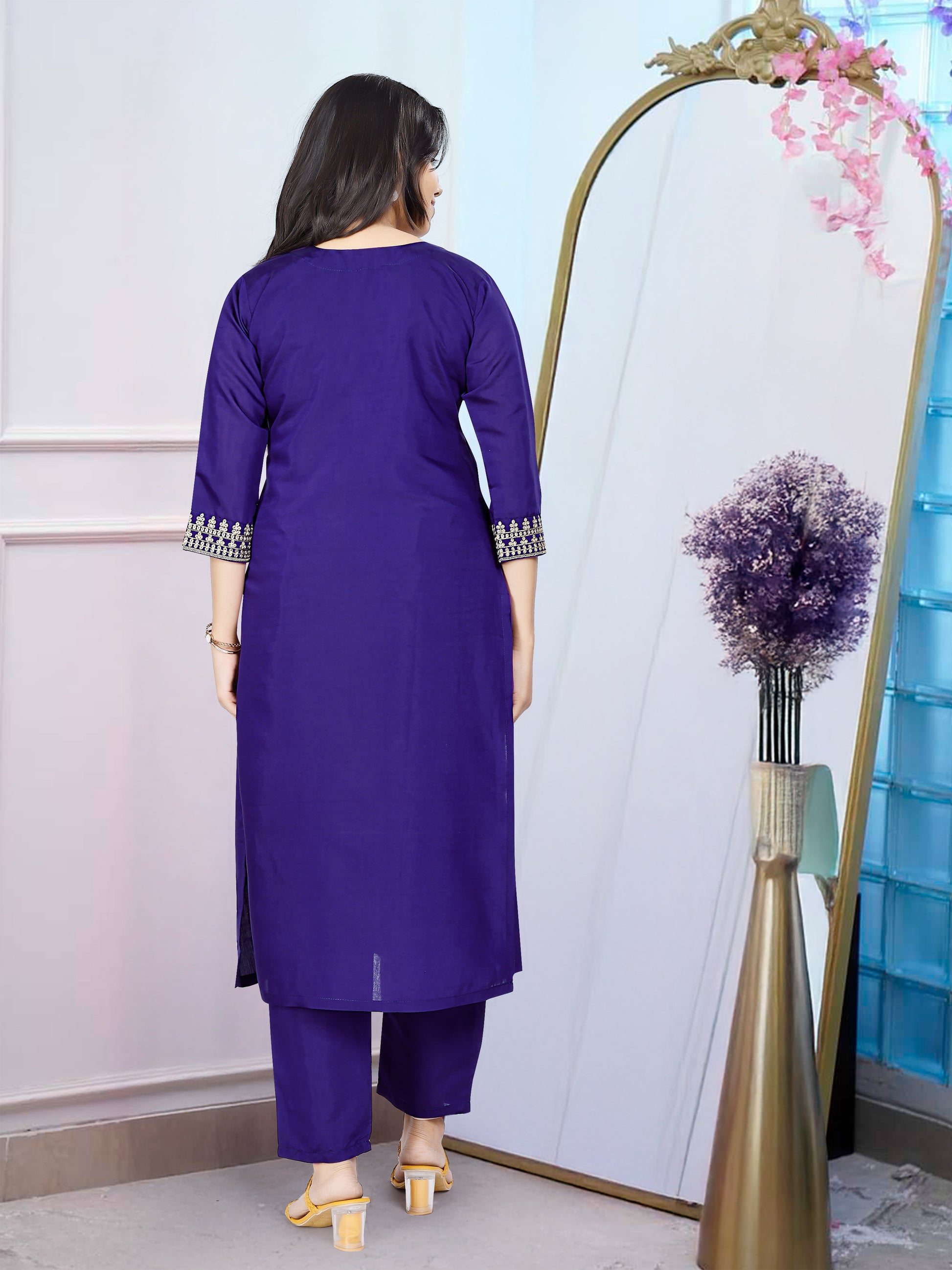 Royal Purple Embroidered PV Chanderi Flared Gown Set with Dupatta
