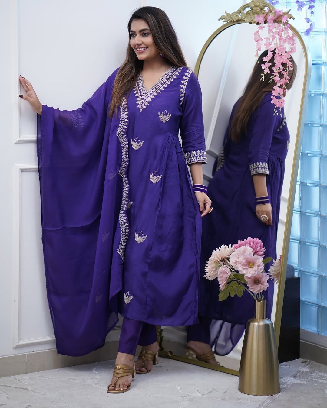 Royal Purple Embroidered PV Chanderi Flared Gown Set with Dupatta