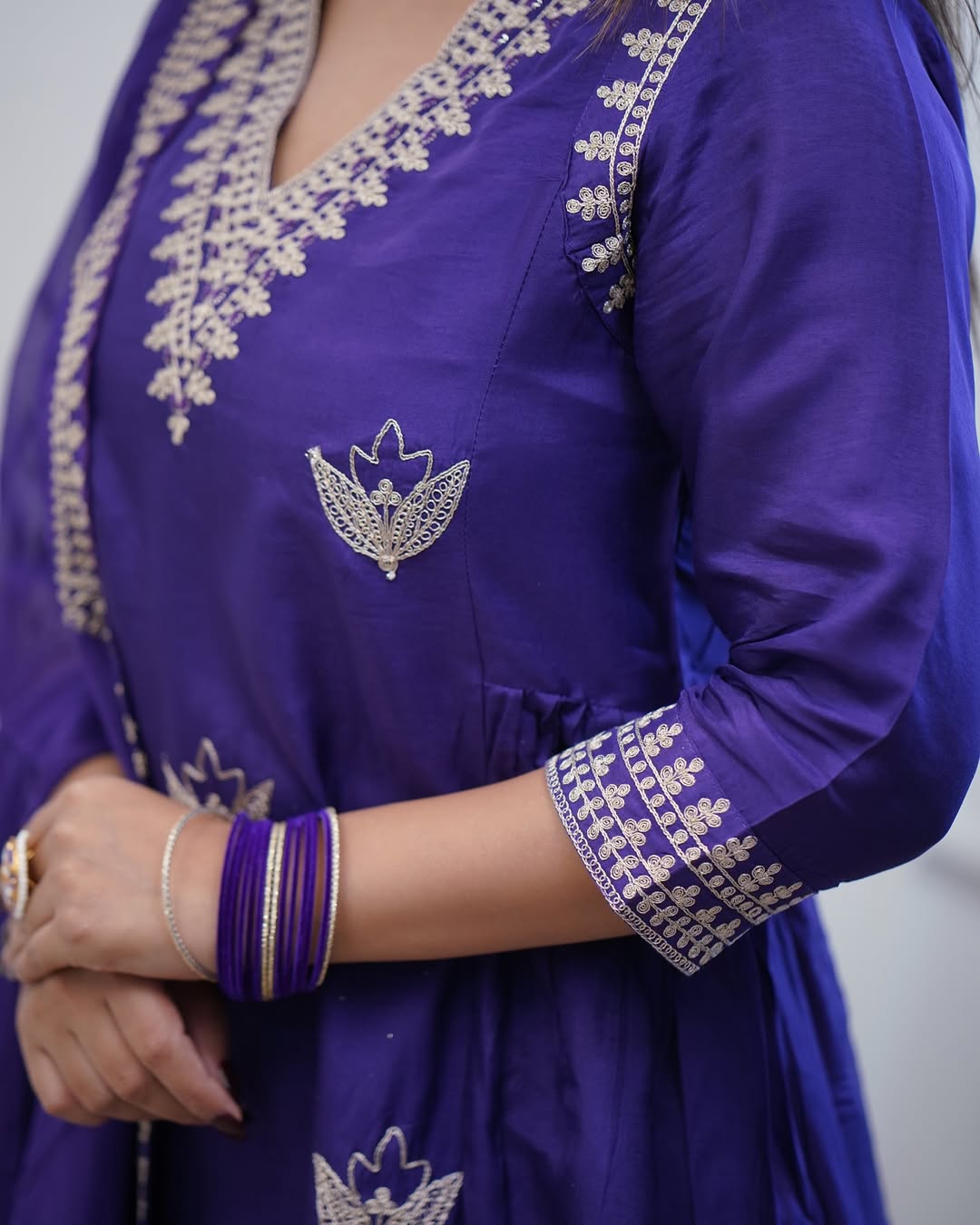 Royal Purple Embroidered PV Chanderi Flared Gown Set with Dupatta