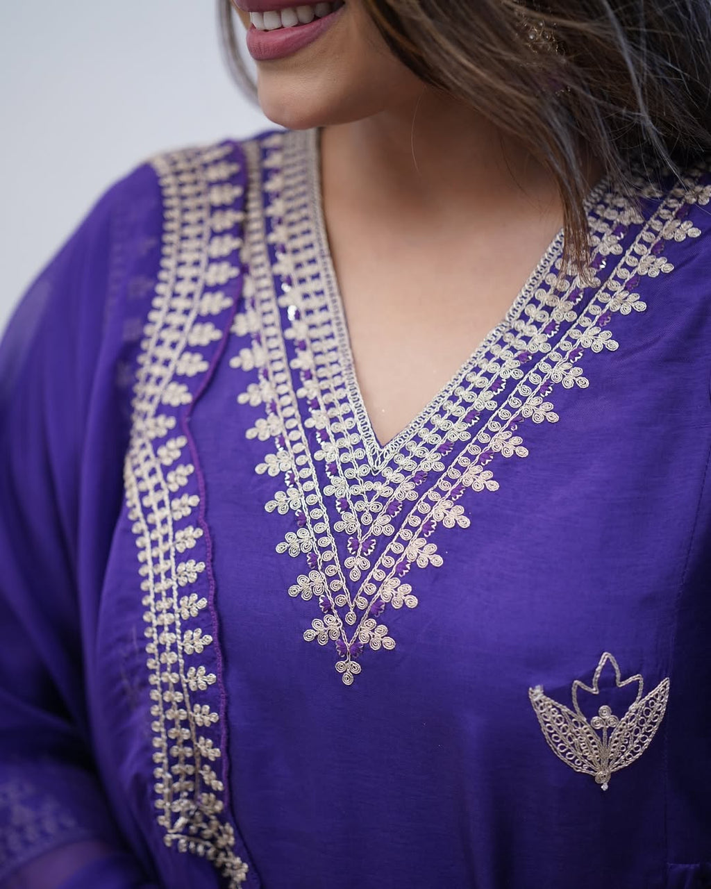 Royal Purple Embroidered PV Chanderi Flared Gown Set with Dupatta