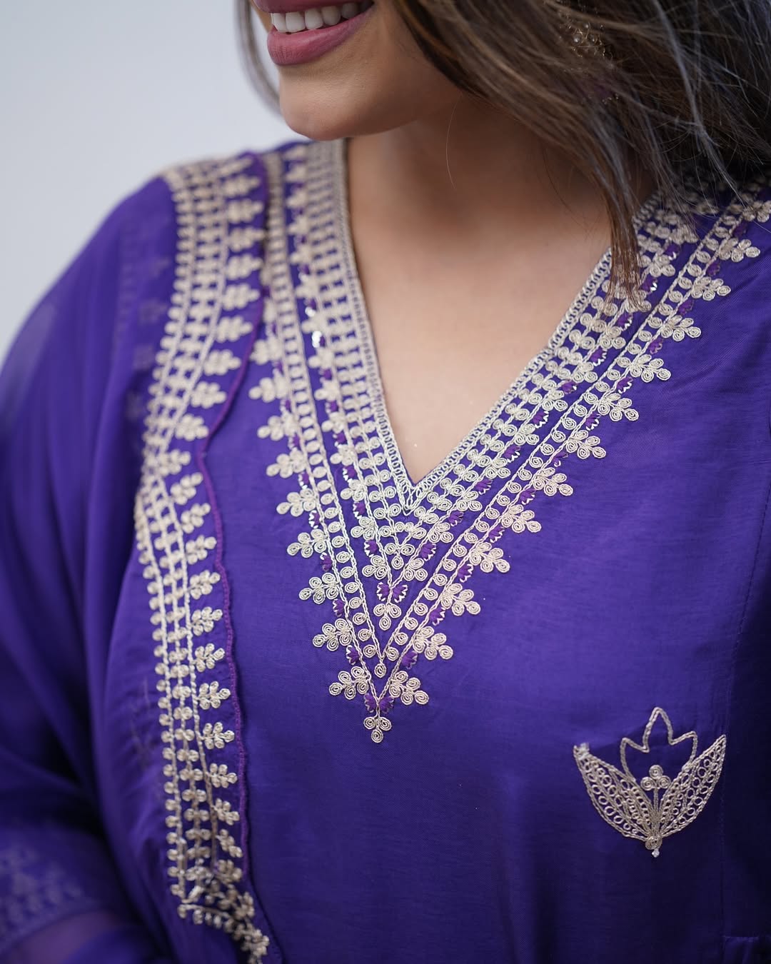 Royal Purple Embroidered PV Chanderi Flared Gown Set with Dupatta