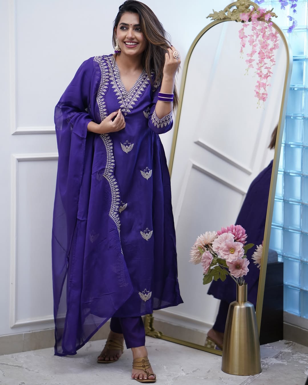 Royal Purple Embroidered PV Chanderi Flared Gown Set with Dupatta